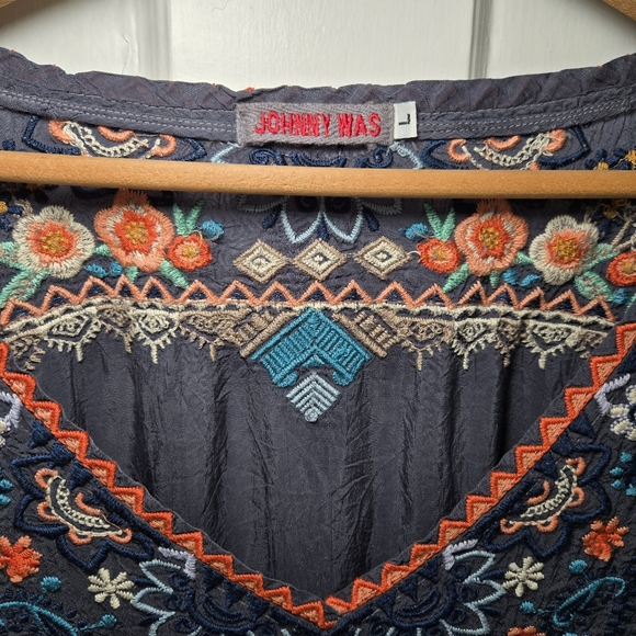 Johnny Was Grey Embroidered Tunic Blouse Sheer Gypsy Bohemian Hippie Size L - Picture 3 of 14